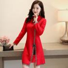 Crochet Trim Slit-front Long-sleeve Mini A-line Dress