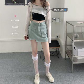 Long-sleeve Cropped T-shirt / Spaghetti Strap Top / Denim Skirt