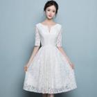 Elbow-sleeve Lace Prom Dress
