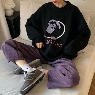 Long-sleeve Embroidered Sweater / High-waist Corduroy Pants