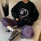 Long-sleeve Embroidered Sweater / High-waist Corduroy Pants