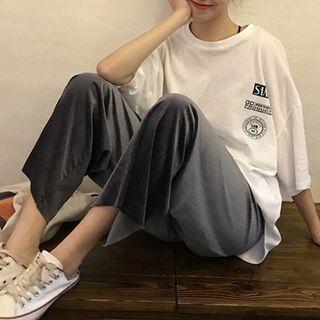 Printed Elbow-sleeve T-shirt / High Waist Wide-leg Pants