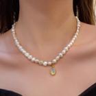Faux Crystal Pendant Faux Pearl Necklace A3675 - White - One Size