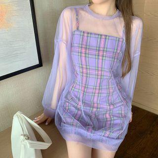 Spaghetti Strap Plaid Mini Sheath Dress / Long-sleeve Mesh Top