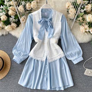 Set: Long-sleeve Tie-neck Blouse + Fringed Tweed Vest