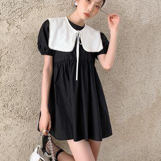 Puff-sleeve Contrast Collar Mini A-line Dress Black - One Size