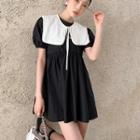 Puff-sleeve Contrast Collar Mini A-line Dress Black - One Size