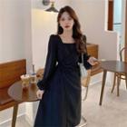 Plain Square-neck Lace-up Dress