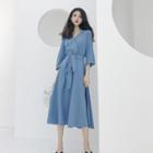 3/4-sleeve Sashed Midi Dress As Shown In Figure - One Size