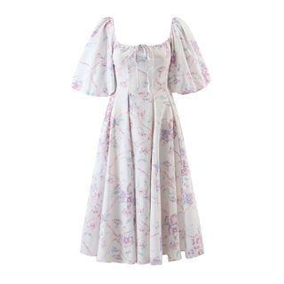 Elbow-sleeve Square Neck Print A-line Dress