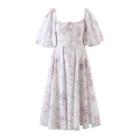 Elbow-sleeve Square Neck Print A-line Dress