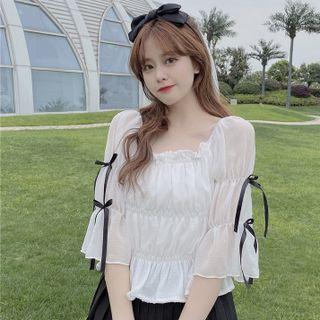 Elbow-sleeve Bow-accent Frill Trim Blouse