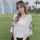 Elbow-sleeve Bow-accent Frill Trim Blouse