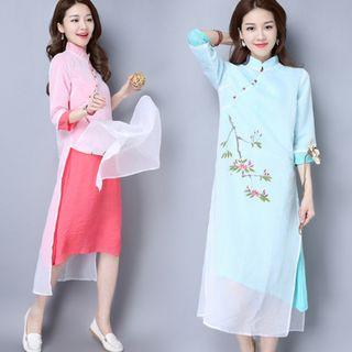 Floral Elbow-sleeve Stand-collar Dress