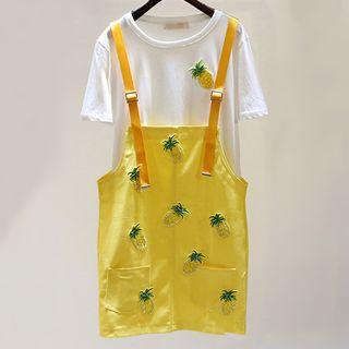 Set: Short-sleeve T-shirt + Pineapple Embroidered Pinafore Dress