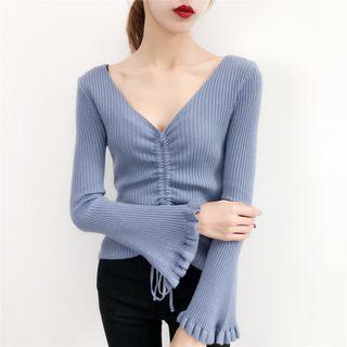 Drawstring Ribbed Bell-sleeve Knit Top