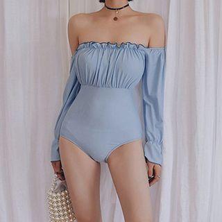 Off-shoulder Long-sleeve Lace-up Back Swimsuit