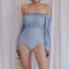 Off-shoulder Long-sleeve Lace-up Back Swimsuit