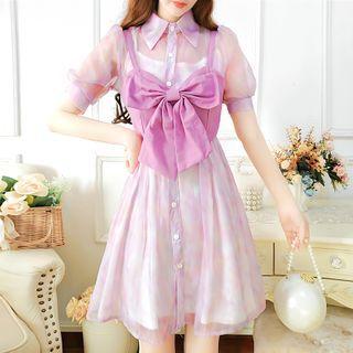 Set: Sleeveless Plain Dress + Puff-sleeve Mesh Shirt Dress + Sleeveless Plain Bow Accent Top