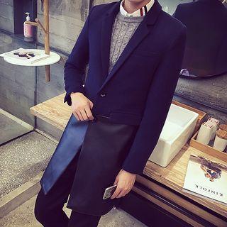Faux Leather Panel Single-breasted Coat