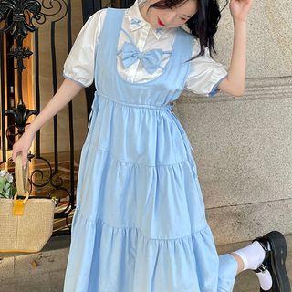 Short-sleeve Blouse / Sleeveless Bow Midi Dress / Set