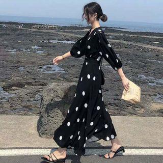 Puff Sleeve V-neck Dotted Chiffon Dress