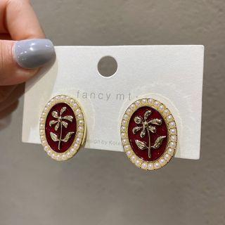 Faux Pearl Flower Oval Stud Earring 1 Pair - Red - One Size