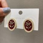 Faux Pearl Flower Oval Stud Earring 1 Pair - Red - One Size