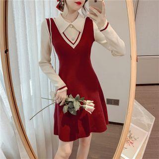 Long-sleeve Collared Mock Two-piece Knit Dress