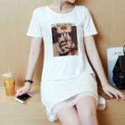 Printed Lace Hem Short Sleeve T-shirt Dress