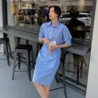 Elbow-sleeve Striped Midi A-line Shirt Dress