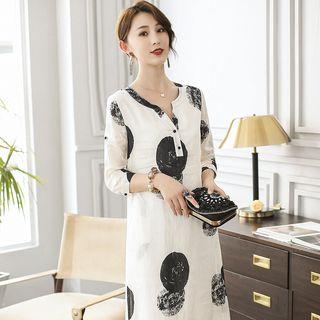 3/4-sleeve Patterned Placket Midi Dress