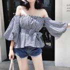 Puff-sleeve Off-shoulder Striped Blouse