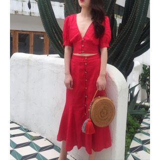 V-neck Short-sleeve Blouse / Ruffle Hem Midi Skirt