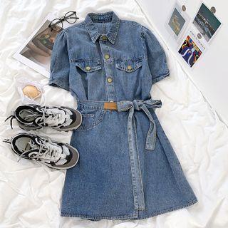 Short-sleeve Tie-waist Denim Mini Dress Blue - One Size