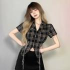 Short-sleeve Plaid Zip Lace-up Top