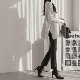 Cutout-hem Pleather Boot-cut Pants
