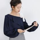 Cold-shoulder Ruffle-trim Blouse Navy Blue - One Size