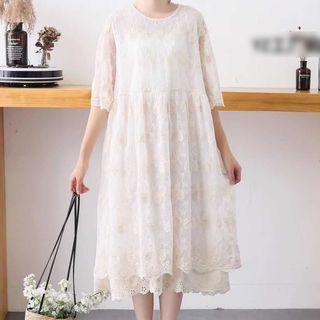 Elbow-sleeve Lace Overlay Panel Dress