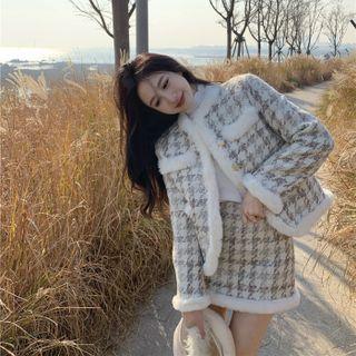 Houndstooth Fluffy Trim Button-up Jacket / Mini Pencil Skirt