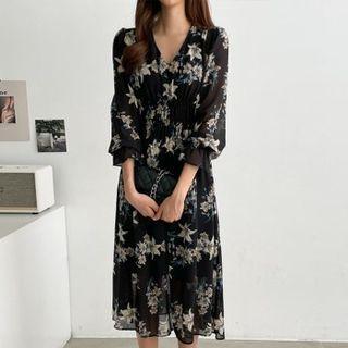 Smocked-waist Floral Long Dress