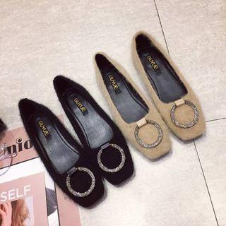 Rhinestone Furry Low Heel Pumps