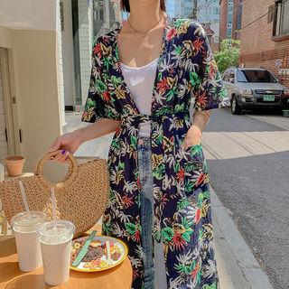 Patch-pocket Foliage Maxi Robe Cardigan