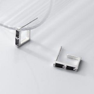 Rhinestone Open Rectangle Sterling Silver Earring 1 Pair - Black & Silver - One Size