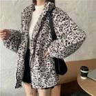 Fleece Leopard Printed Long-sleeve Jacket Black & White - One Size