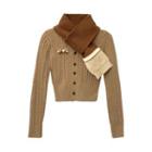 V-neck Cropped Cardigan / Color Block Scarf
