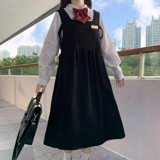 Plain Shirt / Bow Tie / Midi Overall Dress
