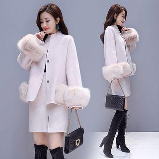 Set: Furry Trim Snap-button Knitted Jacket + Slit Detail Mini Skirt