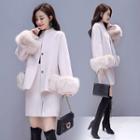 Set: Furry Trim Snap-button Knitted Jacket + Slit Detail Mini Skirt