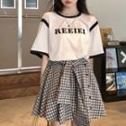 Short-sleeve Lettering T-shirt / Plaid Tie-front A-line Skirt